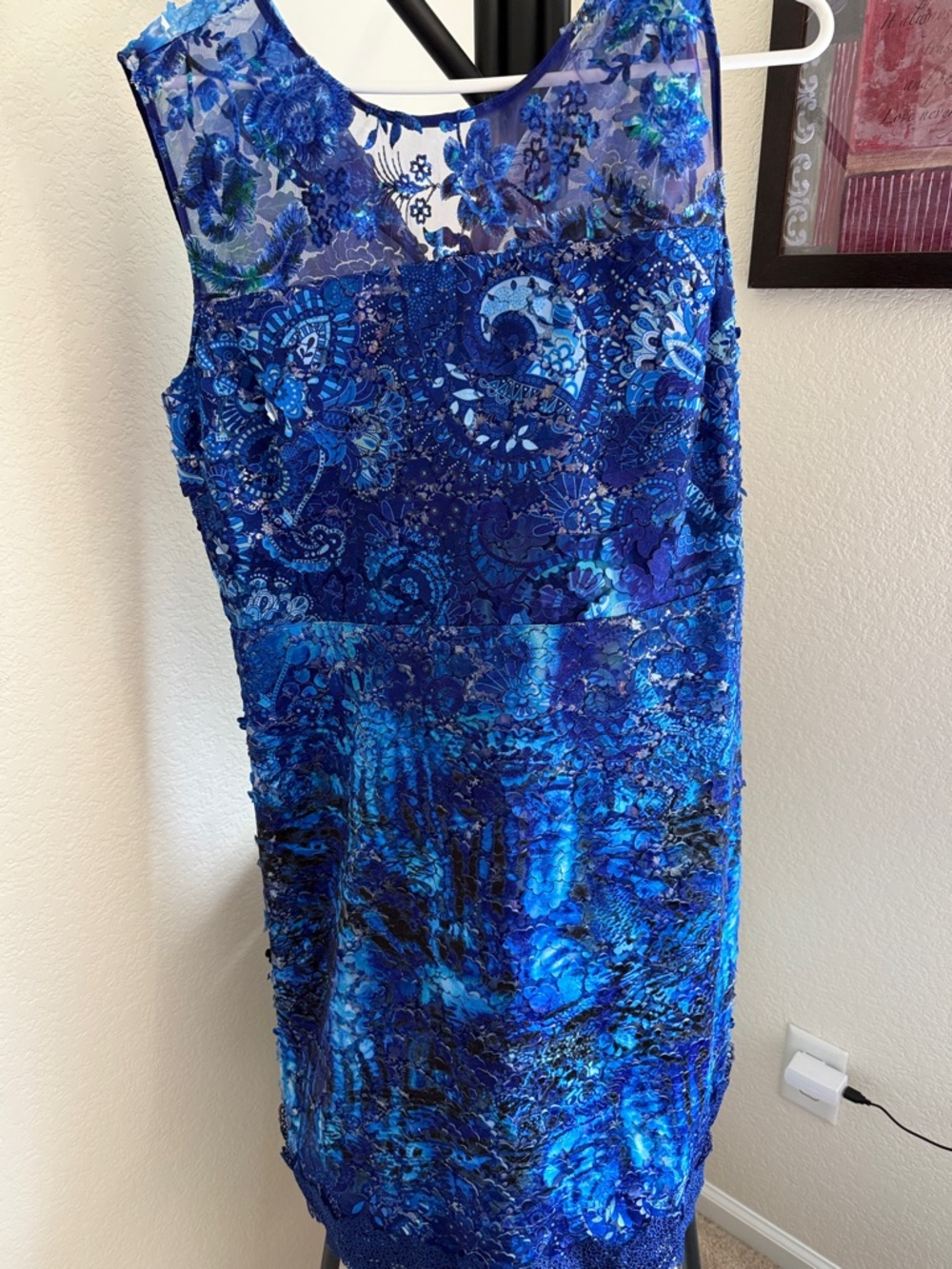 Elie Tahari Beaded Royal Blue Floral Midi Dress